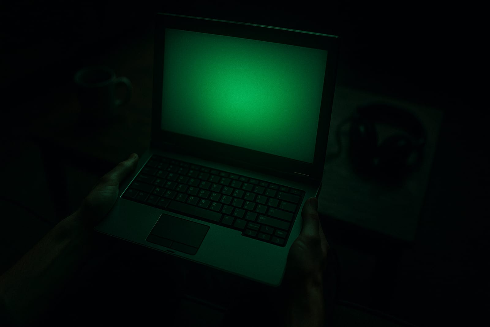 A pair of hands on a laptop in a dim room, the screen casting warm amber light