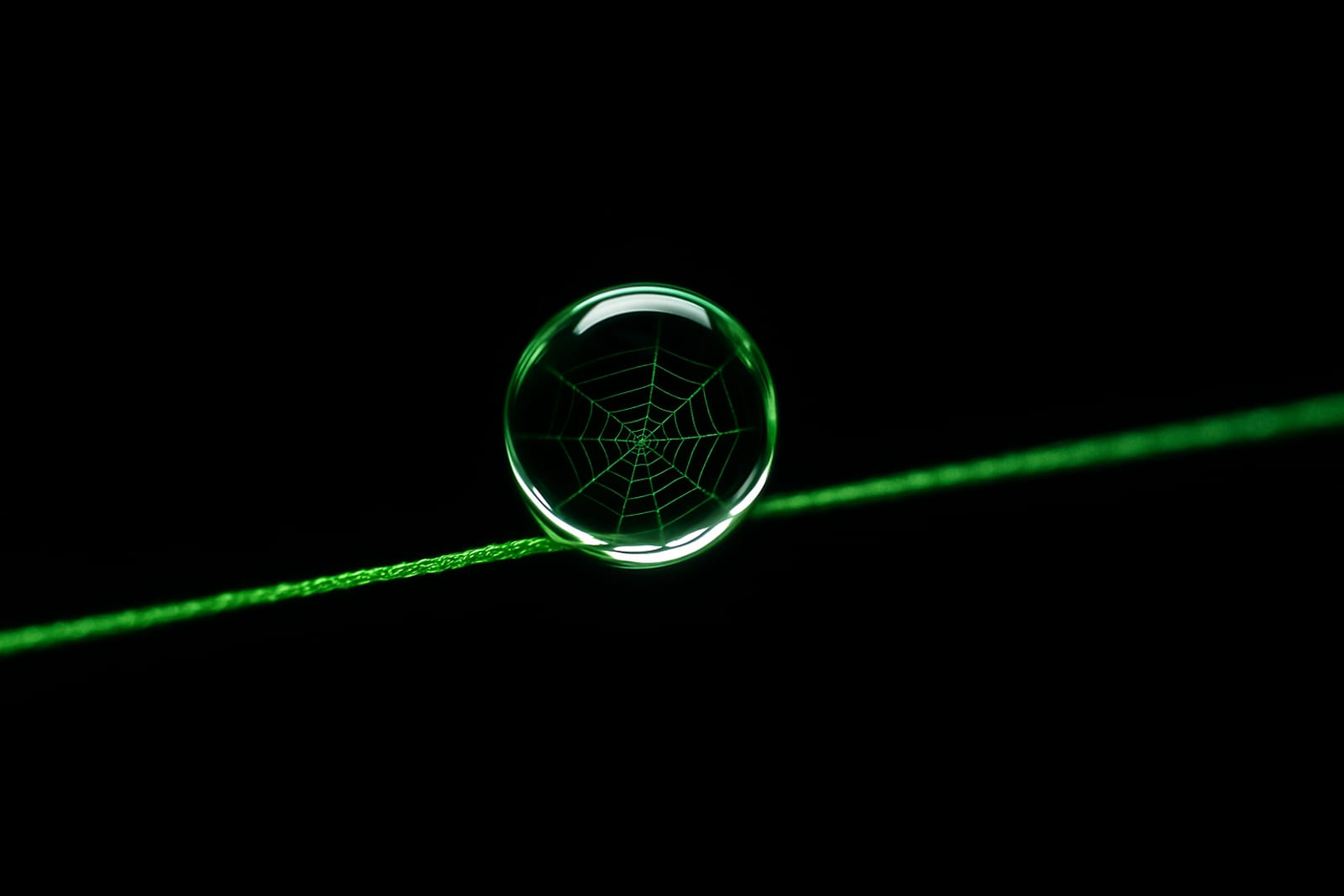A dewdrop on an amber thread, refracting a web inside